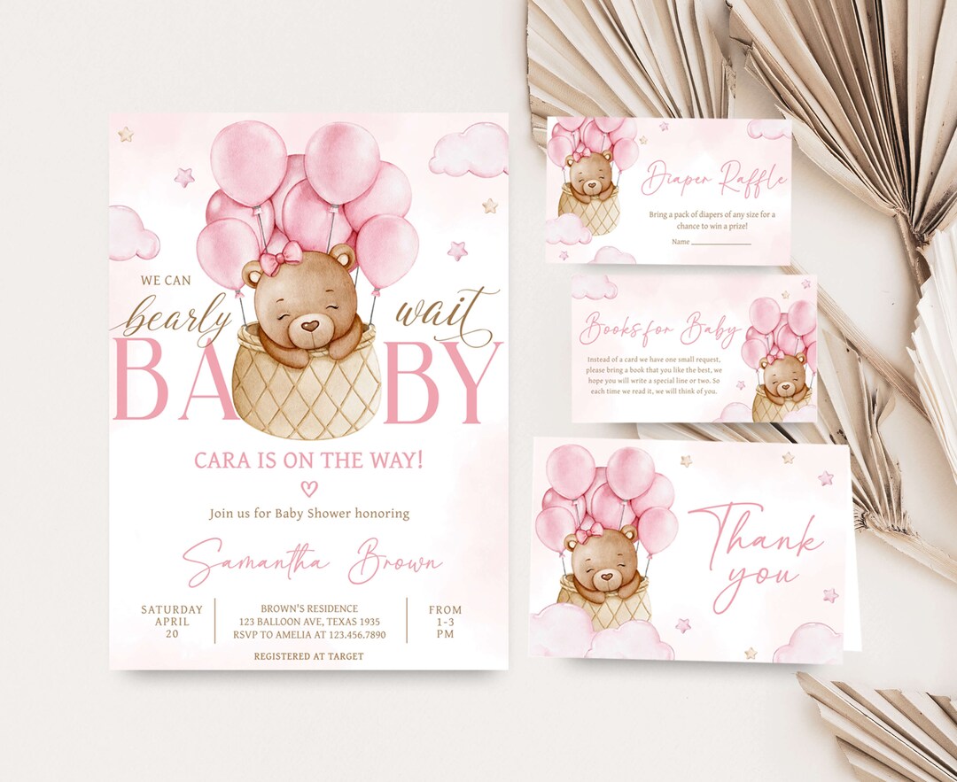 Editable Girl Bear Baby Shower Invitation Bundle, Pink Hot Air Balloon ...