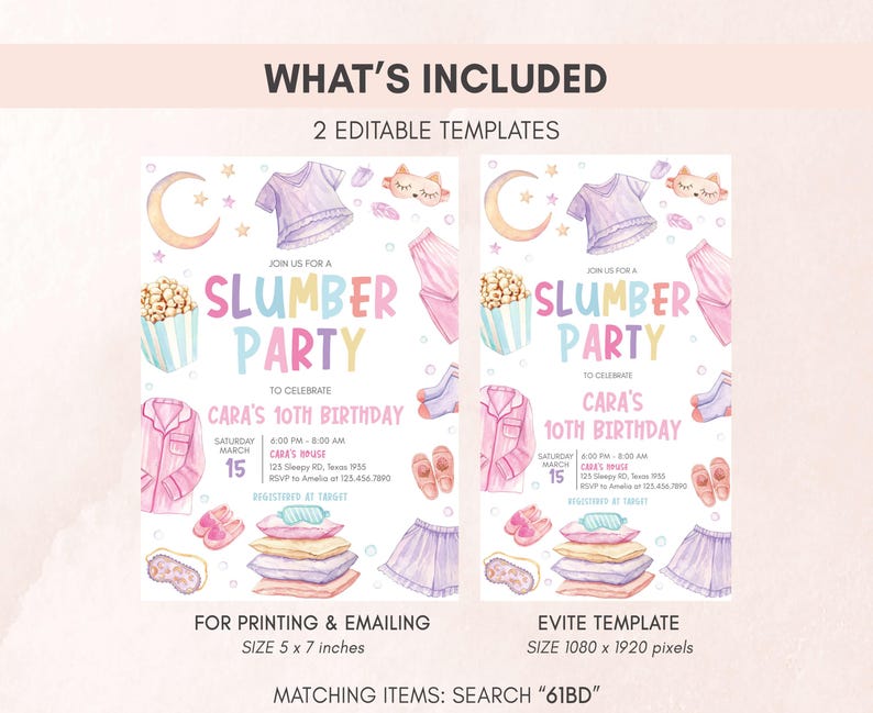 Sleepover Birthday Invitation Set