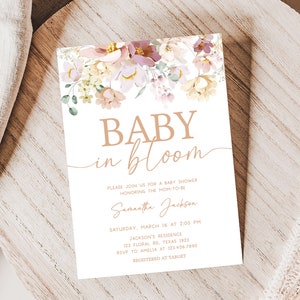 Invitación editable para baby shower con diseño de bebé en flor, invitación para baby shower de primavera, invitación para baby shower con flores silvestres, invitación floral de primavera, 0612 imagen 1