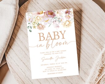 Invitación editable para baby shower con diseño de bebé en flor, invitación para baby shower de primavera, invitación para baby shower con flores silvestres, invitación floral de primavera, 0612