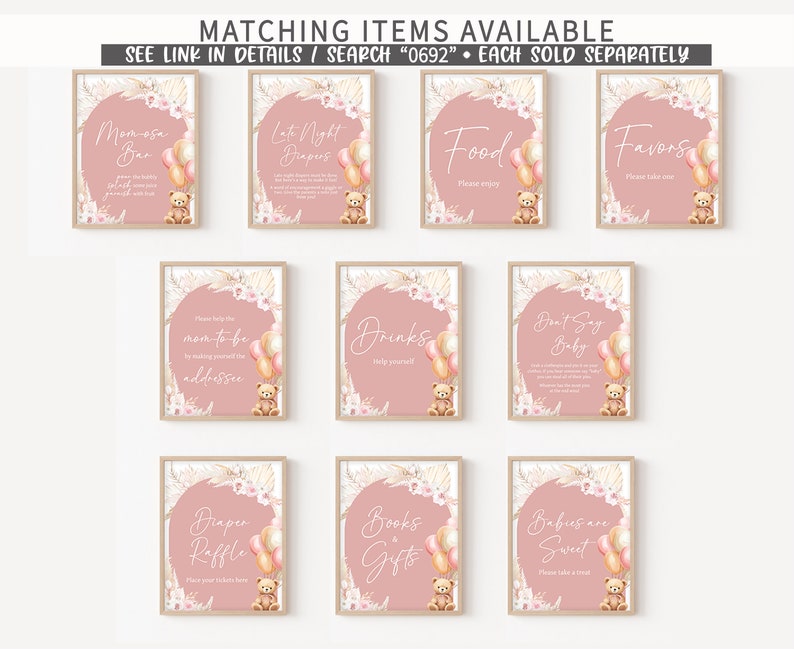 May include: A set of ten framed signs with pink backgrounds and text for a baby shower. Each sign features a teddy bear, balloons, and floral accents. Text includes "Momosa Bar", "Food", and "Favors".