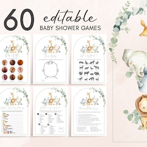 Editable Jungle Baby Shower Games Bundle, Safari Baby Shower Game Pack, Gender Neutral Greenery Jungle Animals Games Printable Template 0282