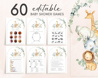 Paquete editable de juegos de baby shower de la selva, paquete de juegos de baby shower de Safari, plantilla imprimible de juegos de animales de la selva de vegetación neutral en cuanto al género 0282
