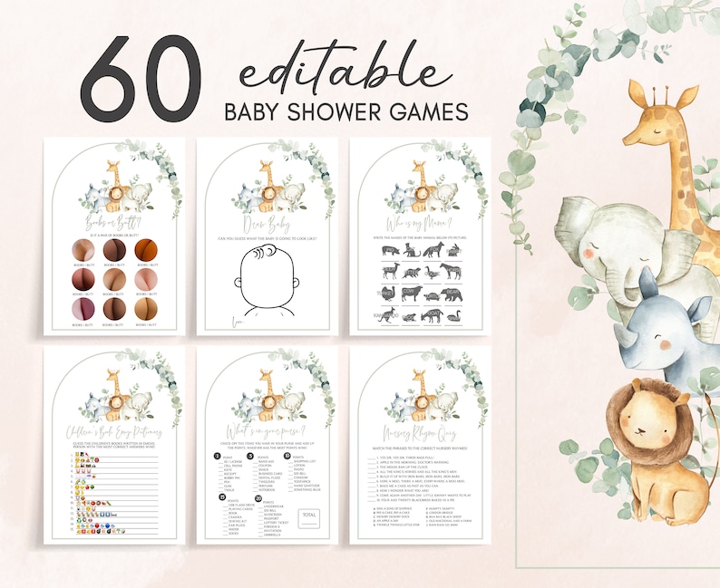 May include: 60 printable baby shower games with a jungle animal theme. The games include "Who's my mommy?", "What's in your purse?", "Guess the baby food", and more. The games are decorated with watercolour illustrations of a giraffe, elephant, rhino, and lion.
