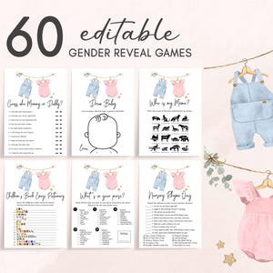 Peut inclure: Six cartes de jeu modifiables pour une révélation du sexe, sur le thème de l'aquarelle. Les cartes présentent des jeux comme "Devinez qui de maman ou papa ?" et "Dessine bébé". L'image comprend également une salopette bleue et un bloomer rose.
