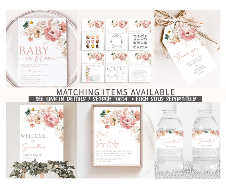 May include: A set of printable baby shower decorations with a floral theme. The decorations include an invitation, welcome sign, don't say baby sign, water bottle labels, and a thank you tag. The floral design features pink and white flowers with green leaves.
