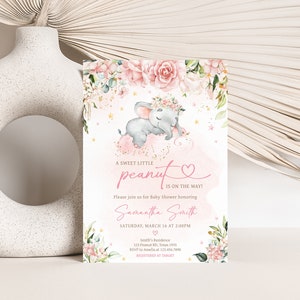 Editable Pink Elephant Baby Shower Invitation Bunle, Pink Floral Elephant Baby Shower Invite Set, Pink Flowers Girl Baby Shower Invite, 0635 image 3