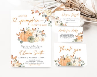 May include: A set of baby shower invitations and cards with a fall theme. The main invitation features the text "A Little Pumpkin is on the Way!" and includes pumpkins and floral accents. Additional cards include "Diaper Raffle," "Books for Baby," and "Thank You."