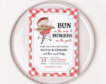 Editable BBQ Baby Shower Invitation, Bun In The Oven and Burgers On The Grill Baby Shower Invite, Baby-Q Couples Baby Shower Invitation 0741