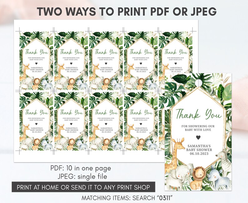 Editable Wild One Baby Shower Favor Tags, Greenery Safari Jungle Baby Shower Gifts Tags, Boy Jungle Safari Animals Favors Tag Template 0311 image 2