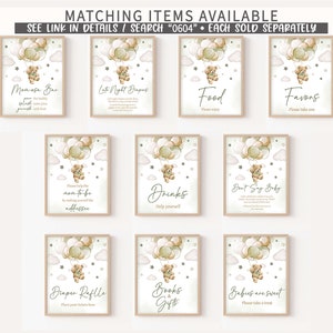May include: Nine printable signs for a baby shower with a teddy bear theme. The signs are decorated with watercolor illustrations of a teddy bear holding balloons. The signs include: "Mimosas Bar", "Late Night Diapers", "Food", "Favors", "Please Help the Mom-to-Be by Making Yourself at Home", "Drinks", "Don't Say Baby", "Diaper Raffle", "Books & Gifts", and "Babies are Sweet".