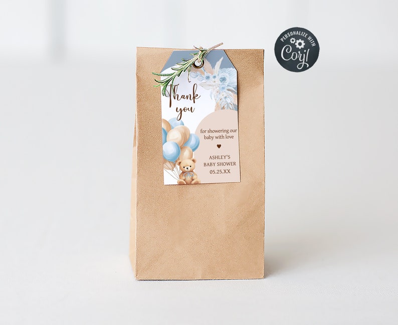 Editable Bear Baby Shower Favor Tag, We Can Bearly Wait Boho Baby Shower Gift Tag, Blue Balloon Arch Boy Baby Shower Thank You Tags, 0690 image 1