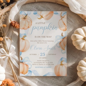 Editable Blue Bow Pumpkin Baby Shower Invitation, Coquette Bow Fall Baby Shower Invite, Blue Coquette Pumpkin Boy Baby Shower Invite, 01143