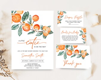 Editable A Little Cutie Baby Shower Invitation Bundle, Greenery Orange Baby Shower Invite Set, Cutie on the Way Baby Shower Invitation, 0660