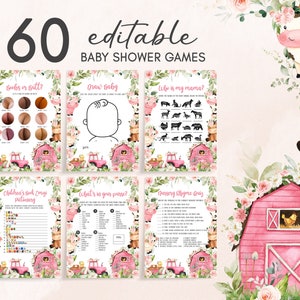 Editable Farm Baby Shower Games Bundle, Floral Pink Barnyard Baby Shower Game Pack, Girl Farm Animals Bundle Games Printable Template 0321