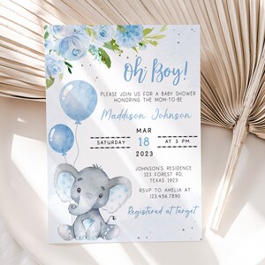 May include: A blue and white baby shower invitation with a watercolor illustration of a gray elephant holding blue balloons. The invitation reads "Oh Boy!" and includes the text "Maddison Johnson" and details for the shower.