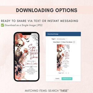 The image is a screenshot of a Halloween-themed invitation or event page, featuring a skeleton, flowers, and text related to the occasion.