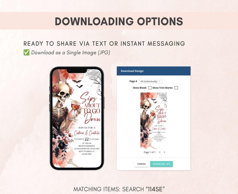The image is a screenshot of a Halloween-themed invitation or event page, featuring a skeleton, flowers, and text related to the occasion.