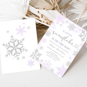 Editable Purple A Little Snowflake Baby Shower Invitation, Purple Snowflake Baby Shower Invite, Girl Winter Baby Shower Invite Template 0540 image 2
