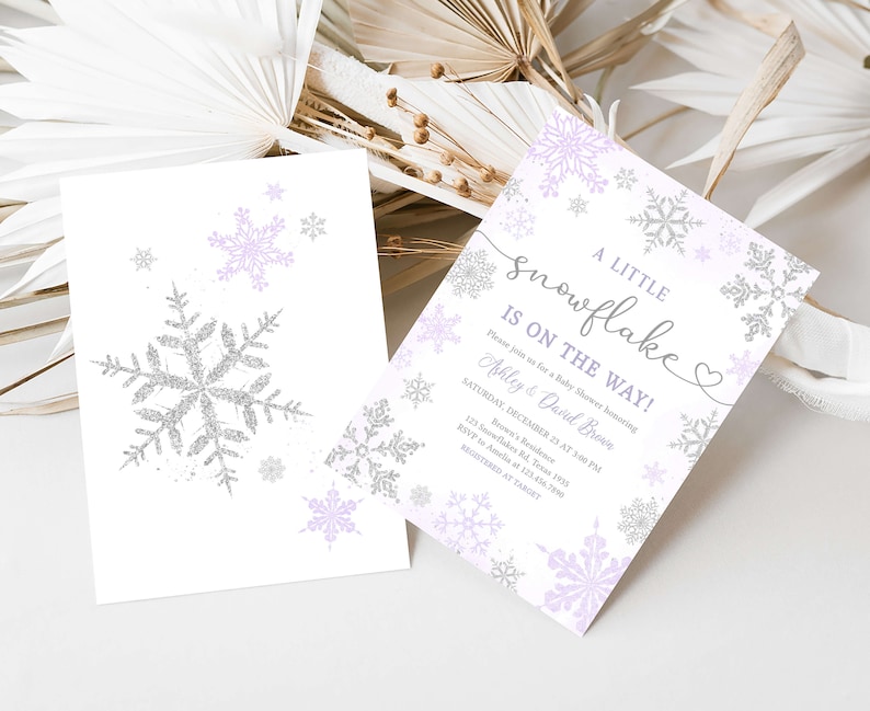 Editable Purple A Little Snowflake Baby Shower Invitation, Purple Snowflake Baby Shower Invite, Girl Winter Baby Shower Invite Template 0540 image 2