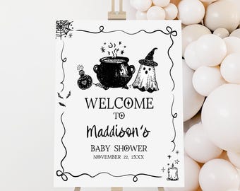 Editable A Baby is Brewing Witch Cauldron Baby Shower Welcome Sign, Spooky Halloween Baby Shower Poster, Hand Drawn Ghost Shower Sign, 01152