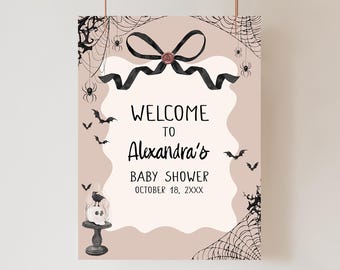 Bearbeitbar Ein wenig Boo ist fast fällig Babyparty Willkommensschild, schwarze Schleife Halloween Babyparty Poster, gruseliges Babypartyschild für Mädchen, 01121