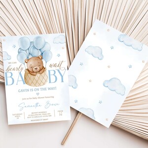 Editable Boy Hot Air Balloon Bear Baby Shower Invitation Bundle, Blue We Can Bearly Wait Baby Shower Invite Set, Boho Baby Shower, 0696 image 2
