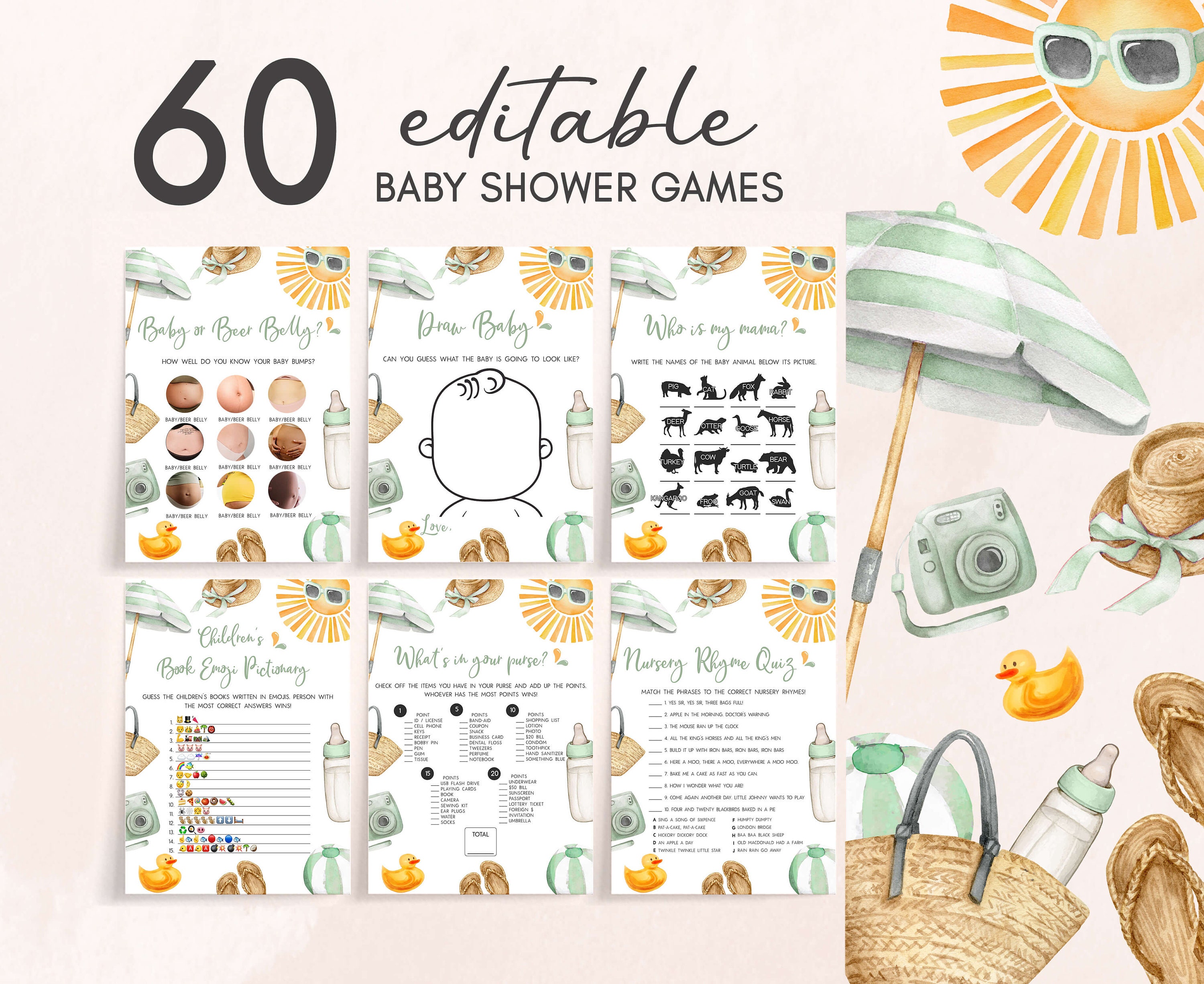 Editable Splish Splash Baby Shower Games Bundle, Summer Beach Baby Shower Game Pack, Green Beach Summer Baby Shower Game Templates, 0853