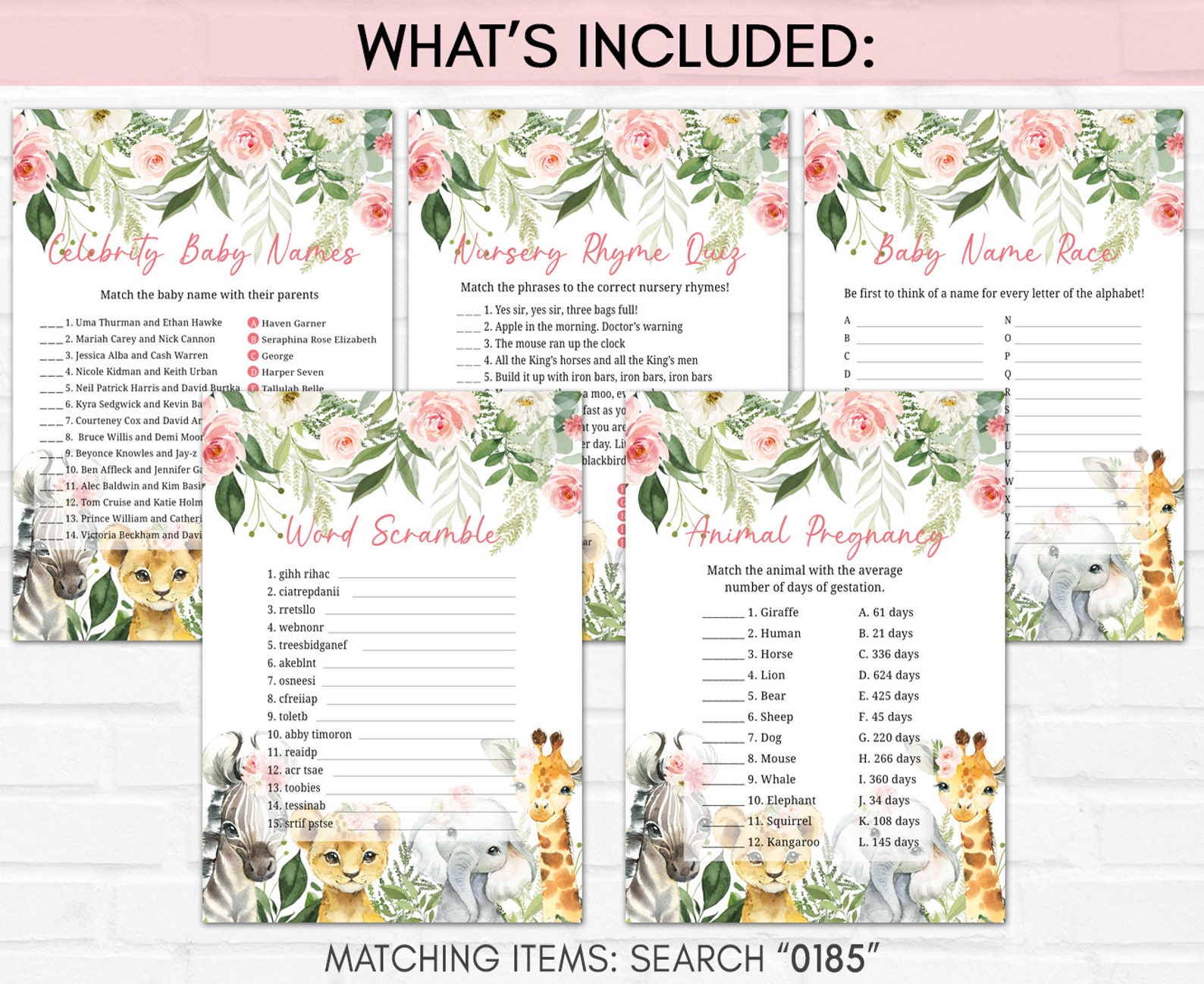 Jungle Baby Shower Game Bundle Girl Safari Animals Baby Shower Etsy