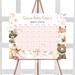Bearbeitbarer Rosa Blumenwald Babyparty Fälligkeitsdatumskalender, Mädchen Waldtiere Babypartykalender, Waldtiere Babyankunft, 01007