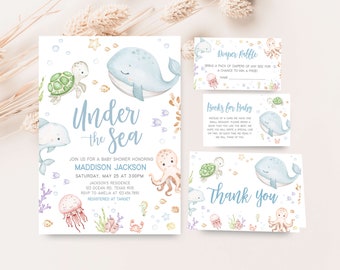 May include: Under the Sea baby shower invitation featuring a blue whale, a turtle, an octopus, and a jellyfish. The invitation includes the date, time, and location of the shower. It also includes the name of the baby, Maddison Jackson, and the registry information. The invitation is decorated with a watercolour design of sea creatures.
