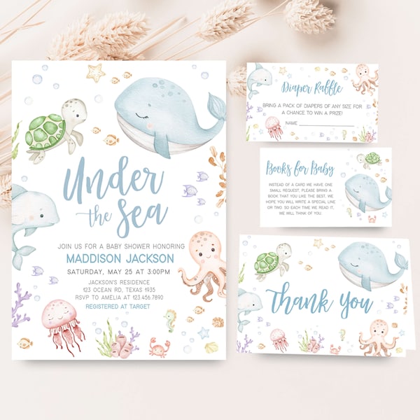 Editable Under The Sea Baby Shower Invitation Bundle, Neutral Nautical Baby Shower Invite Set, Sea Creatures Ocean Baby Shower Invite, 0716