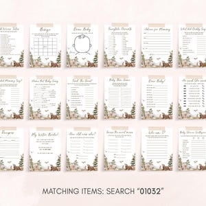 a set of matching items for a deer themed baby shower