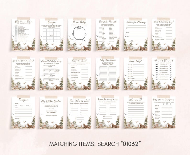 a set of matching items for a deer themed baby shower