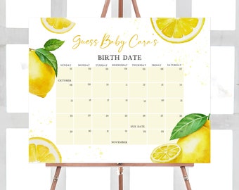 Bewerkbare citroen babyshower vervaldatum kalender, minimalistische limonade babyshower kalender, genderneutraal zomer citrus babyshower spel, 0720