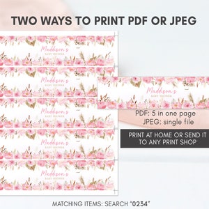 May include: Printable baby shower labels with a floral design in pink, white, and gold. The labels feature the text "Maddison's Baby Shower" and instructions for printing the labels as a PDF or JPEG file.