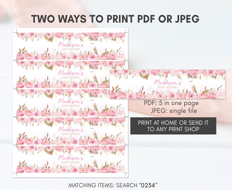 May include: Printable baby shower labels with a floral design in pink, white, and gold. The labels feature the text "Maddison's Baby Shower" and instructions for printing the labels as a PDF or JPEG file.