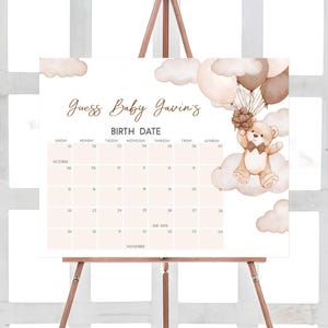 Bearbeitbar We Can BearlyWait Babyparty Fälligkeitsdatumskalender, Brauner Ballon-Bär-Babypartykalender, Geschlechtsneutral Boho-Bärnspiel, 01027
