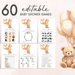 Editable Brown Bear Baby Shower Games Bundle, Teddy Bear Balloon Baby Shower Game Pack, We Can Bearly Wait Baby Shower Games Template, 0665 image 1