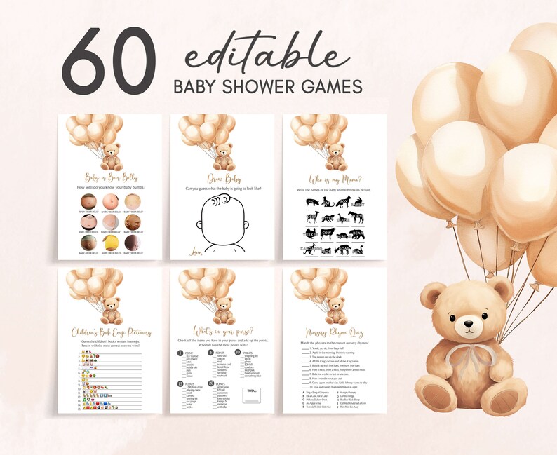 Editable Brown Bear Baby Shower Games Bundle, Teddy Bear Balloon Baby Shower Game Pack, We Can Bearly Wait Baby Shower Games Template, 0665 image 1