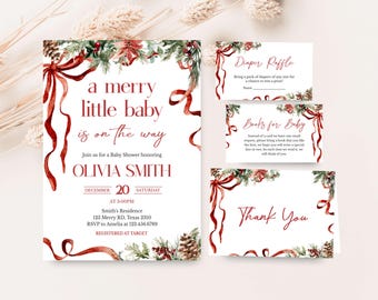 May include: A festive baby shower invitation suite with a Christmas theme. The main invitation features the text "a merry little baby is on the way" and the name Olivia Smith. Additional cards include "Diaper Raffle", "Books for Baby", and a "Thank You" card.