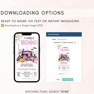 The image is a screenshot of a Halloween-themed invitation for a baby shower, featuring a spooky illustration of a witch's cauldron and a jack-o-lantern. The invitation includes text and a button for sharing the image via text or instant messaging, and it is available as a single image (JPG).