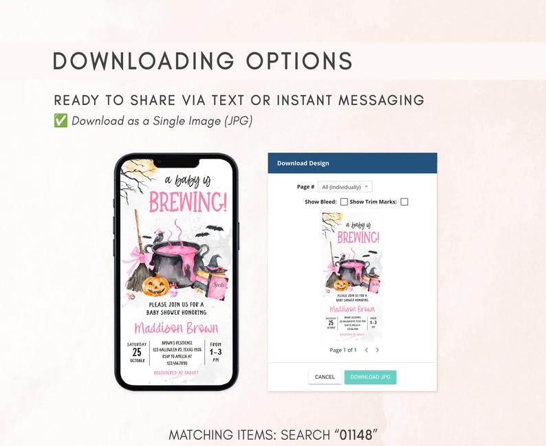 The image is a screenshot of a Halloween-themed invitation for a baby shower, featuring a spooky illustration of a witch's cauldron and a jack-o-lantern. The invitation includes text and a button for sharing the image via text or instant messaging, and it is available as a single image (JPG).
