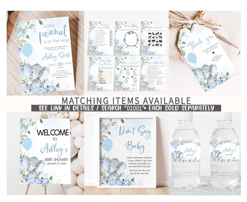 a set of baby shower items including a bottle of water