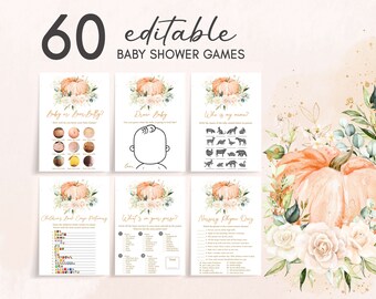 Redigerbara små pumpa babyshower-spelpaket, orange höstblommig pumpa babyshower-spelpaket, neutral höst babyshower, 0899