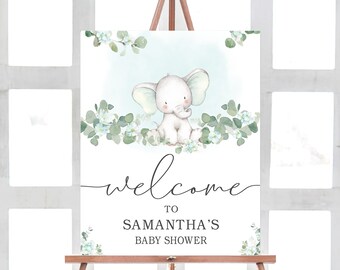 Welkomstbord babyshower blauwe olifant, bord babyshower jongen, welkomstposter blauwe olifant olifant, afdrukbare sjabloon eucalyptus 0166