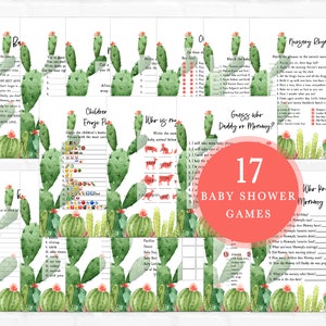Pacchetto di giochi per baby shower con cactus Pacchetto di giochi per baby shower succulente Attività per baby shower rustiche Modello di giochi stampabili Fiesta Cactus 0188