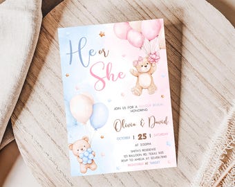 Editable Bear Gender Reveal Invitation, Teddy Bear Gender Reveal Invite, Pink and Blue Bear Balloons Gender Reveal Party Invitation, GR6
