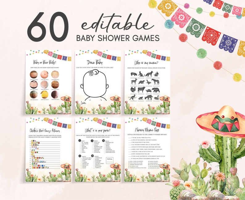 Editable Taco Bout A Baby Shower Games Bundle, Fiesta Baby Shower Game Pack, Cactus Mexican Baby Shower Games, Cactus Floral Game Set, 0637 image 1