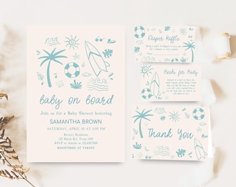 May include: Baby shower invitation set with a beach theme. The invitation features a light blue design of a palm tree, surfboard, and waves. The text reads "baby on board" and includes event details. Additional cards include a diaper raffle and thank you notes.